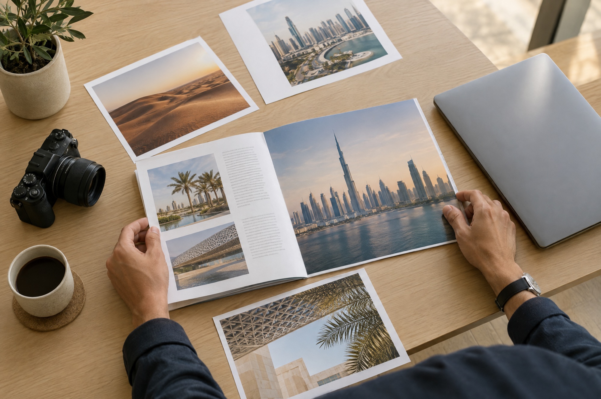 A communications manager reviewing printed press material and a brochure proof at a bright desk