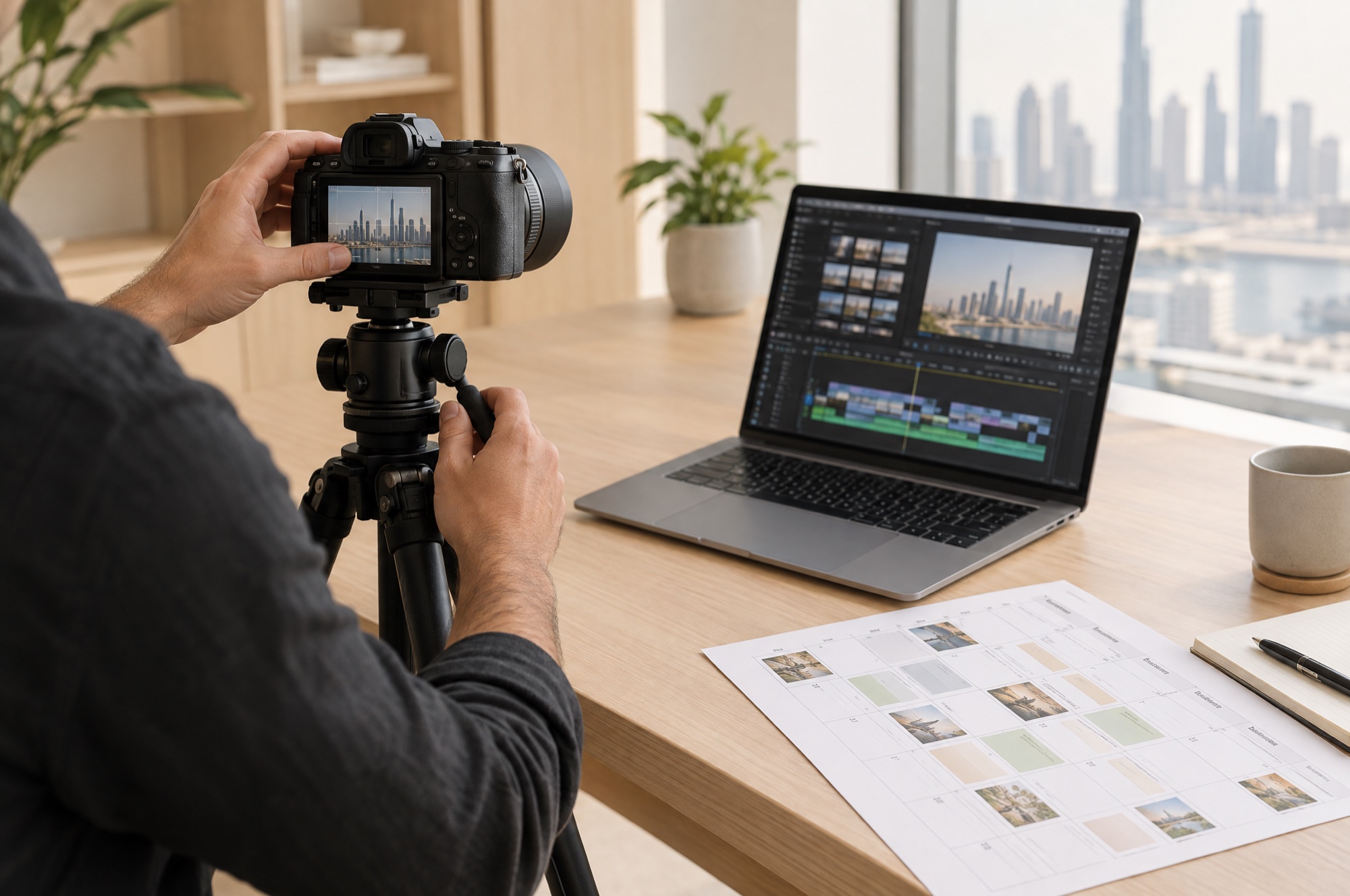 A content producer editing a layout on a laptop beside a camera and a printed content calendar