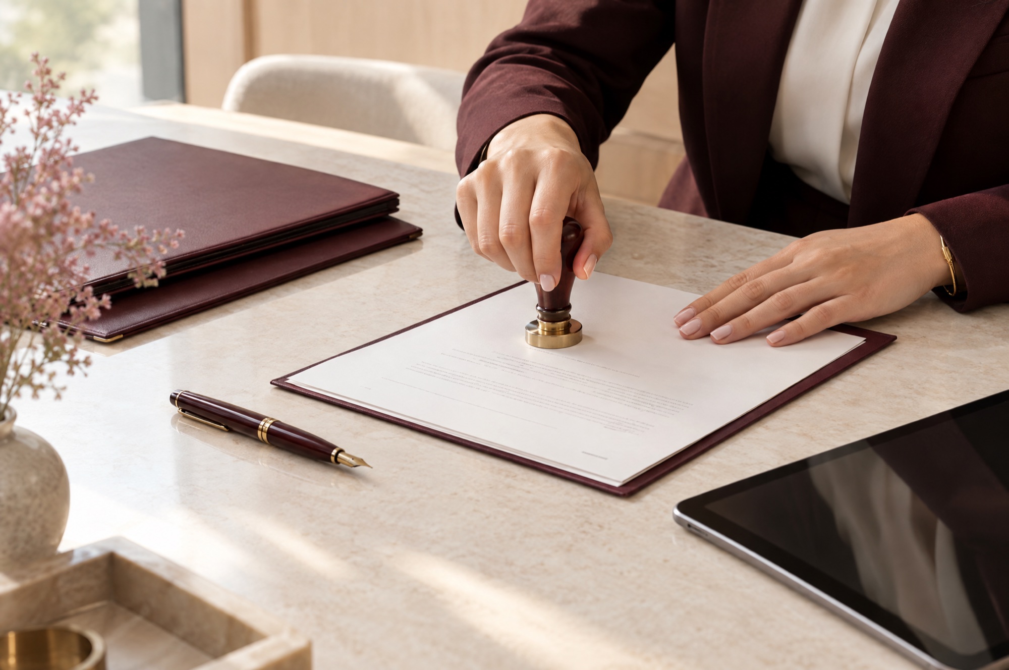 A professional stamping an official document on a desk beside organised forest-green folders and a fountain pen