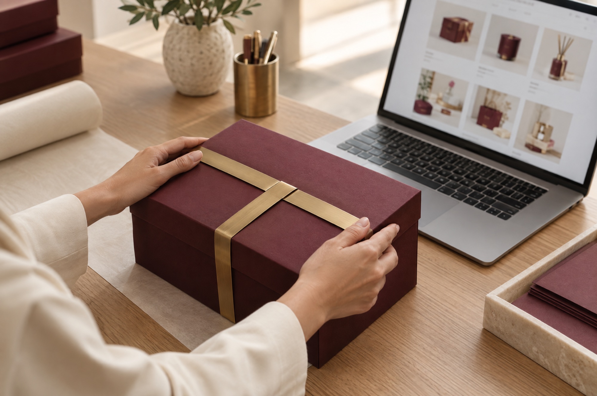 Hands closing a forest-green gift box beside a laptop showing an online storefront