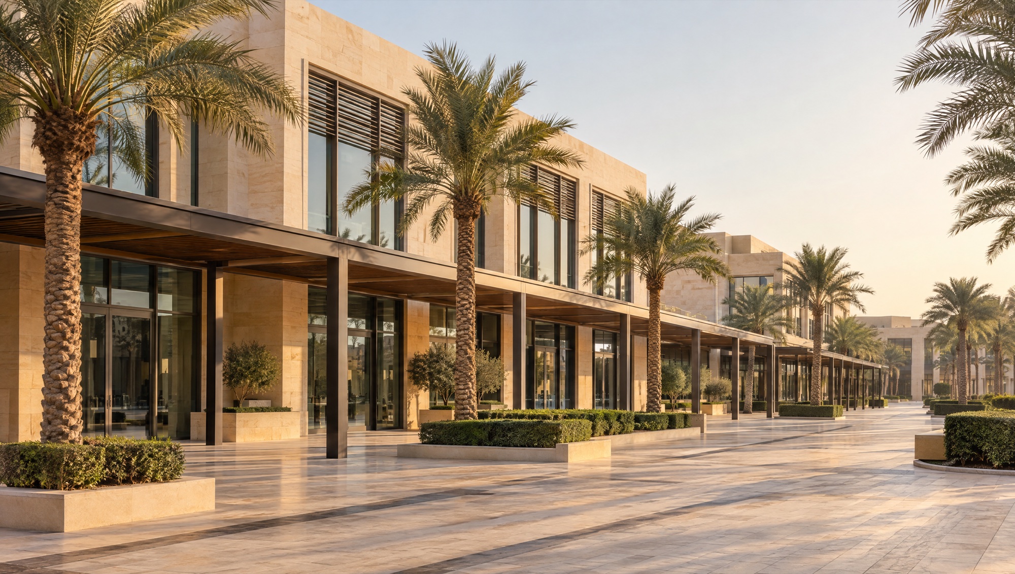 A modern low-rise business complex in a UAE free-zone district in soft morning light, with palms and a shaded arcade