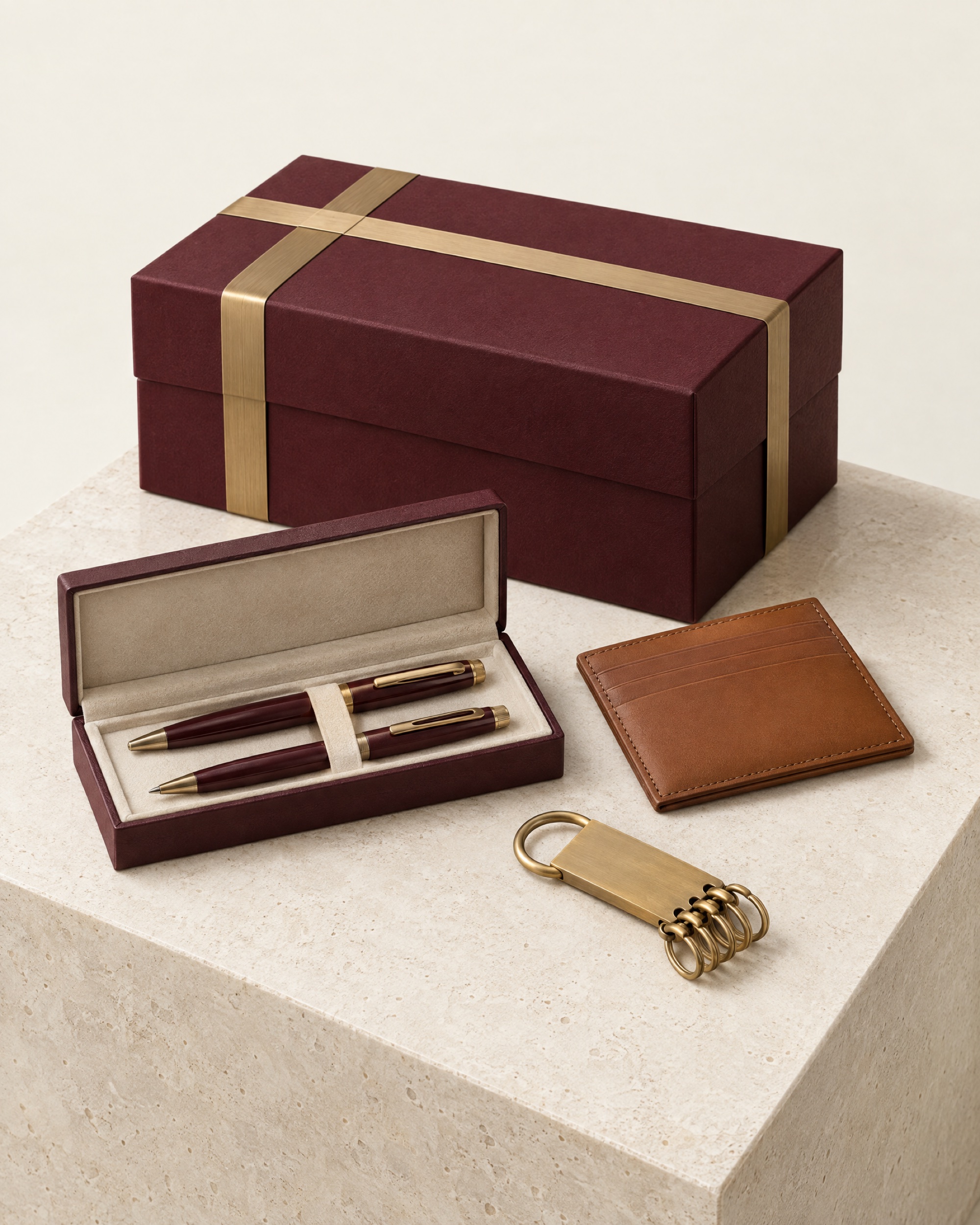 A forest-green gift box with a brass ribbon beside a pen set, a leather card holder and a key holder