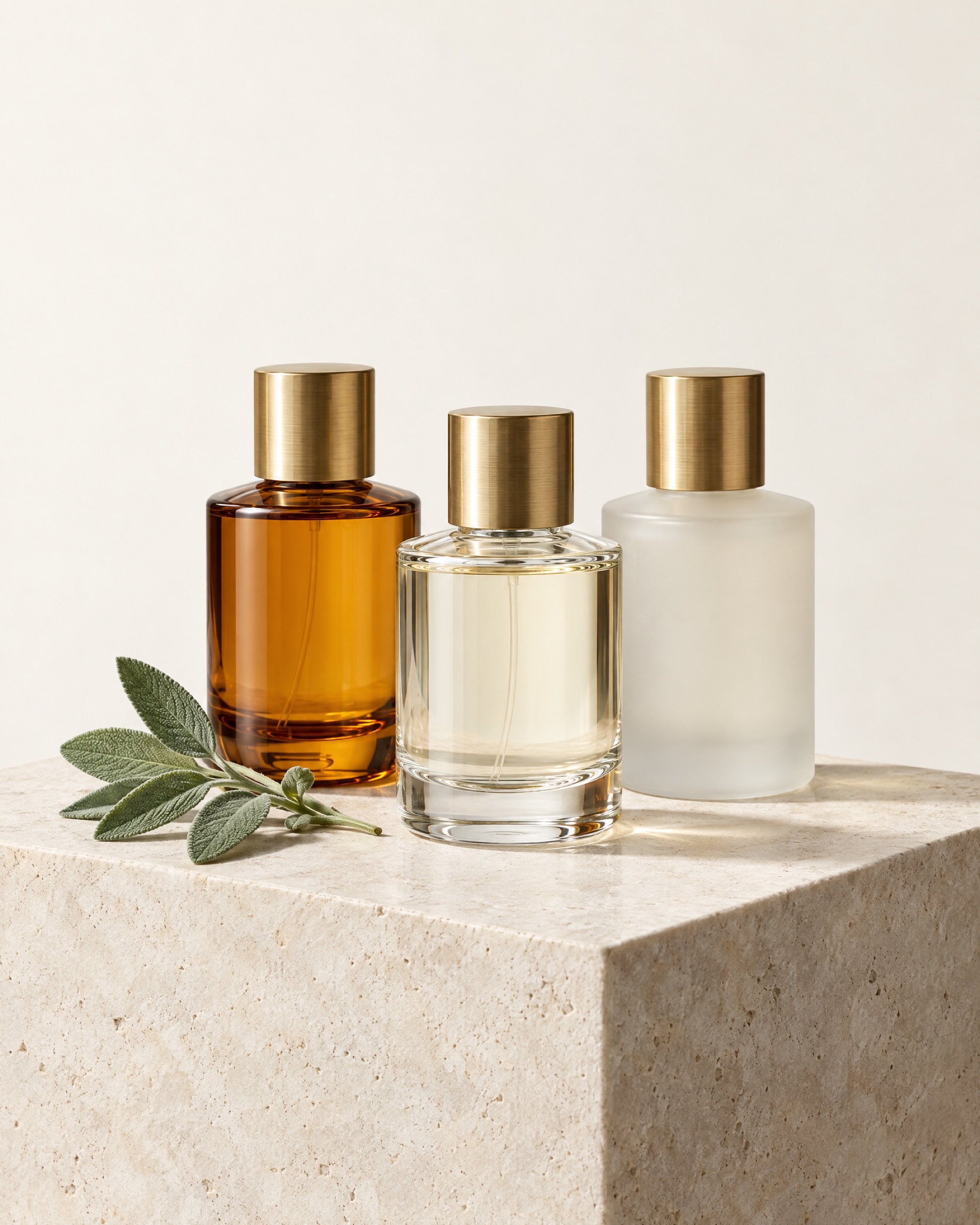Three unbranded glass perfume bottles with brass caps on a pale limestone plinth