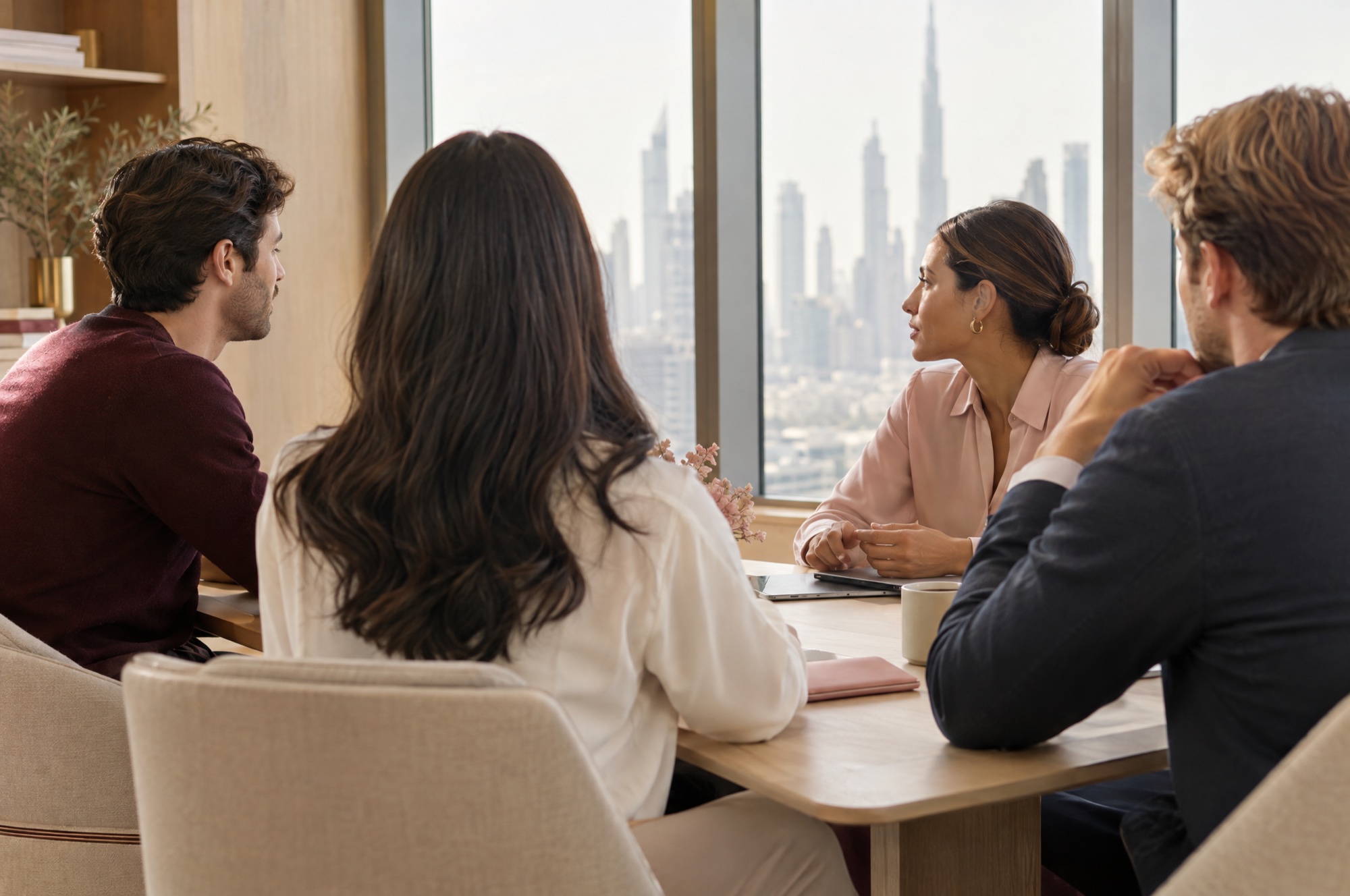 Four colleagues from different backgrounds in conversation around a meeting table in a bright UAE office