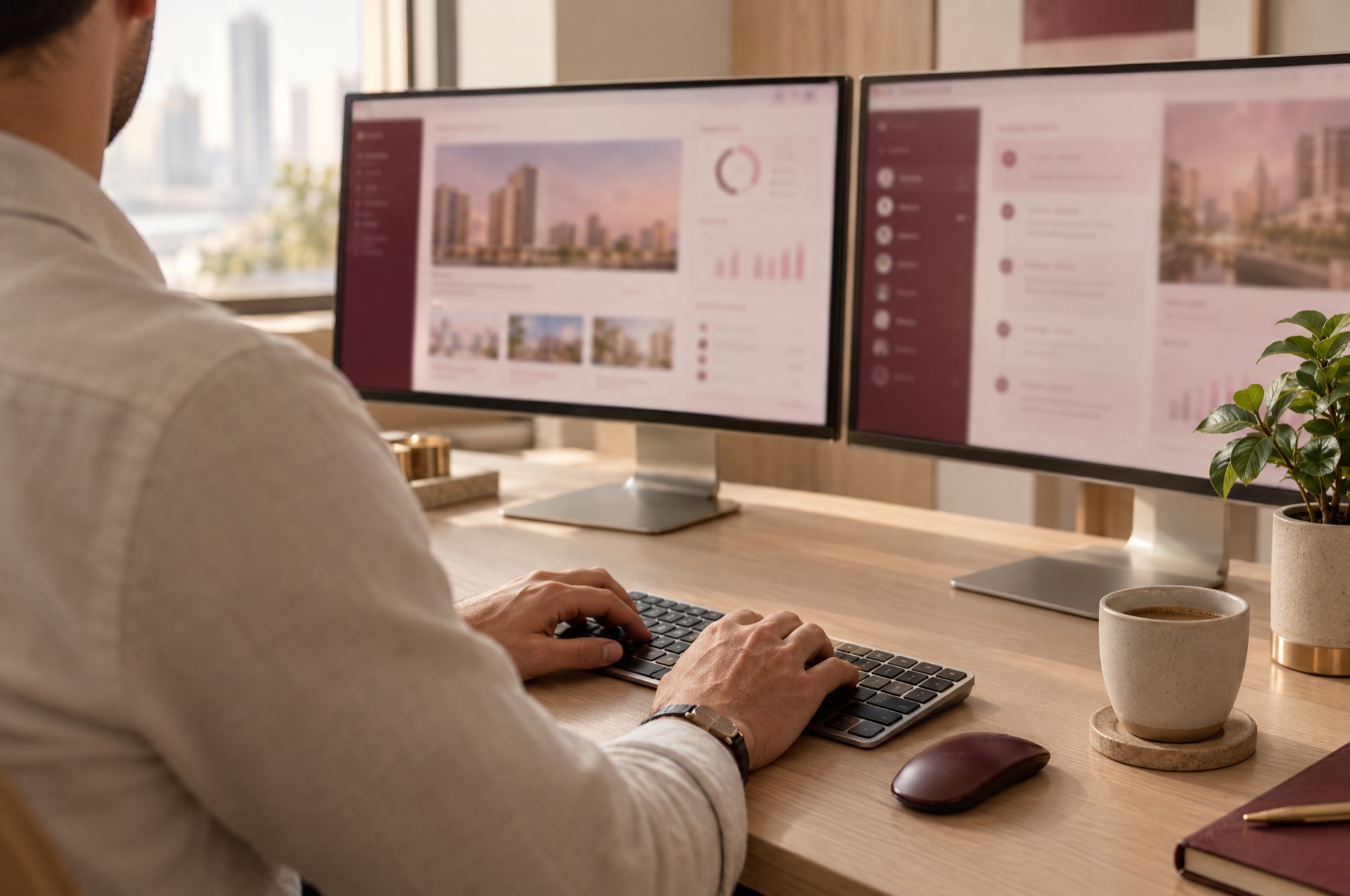 A software developer working at two monitors in a calm modern office