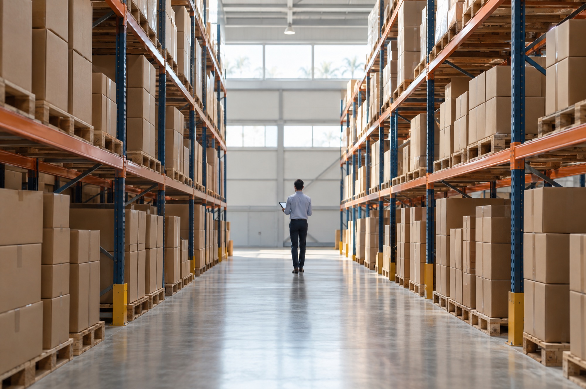 A logistics coordinator checking stock in a tidy wholesale warehouse aisle